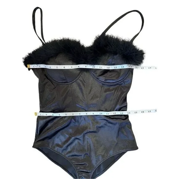 NWT Windsor Black Satin Bodysuit With Black Feather Detail Women’s L - Picture 6 of 11
